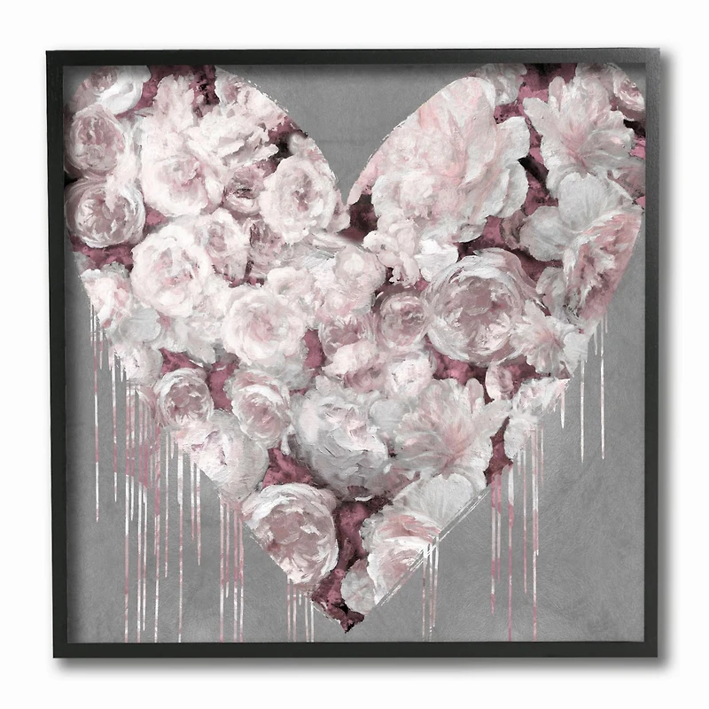 Stupell Industries Pink Rose Heart over Grey with Paint Drip Black Framed Wall Art