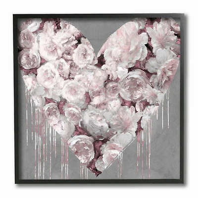Stupell Industries Pink Rose Heart over Grey with Paint Drip Black Framed Wall Art