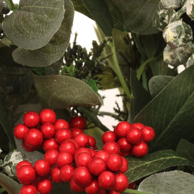 22" Christmas Wooden Pot with Mixed Eucalyptus & Berry