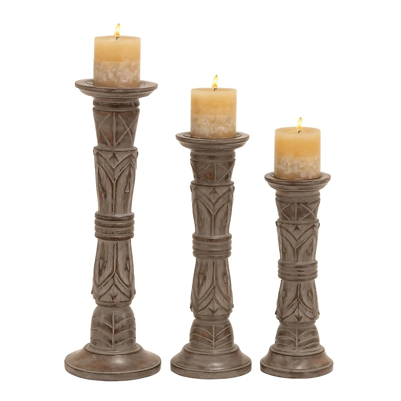 Light Brown Mango Wood Traditional Candle Holder Set