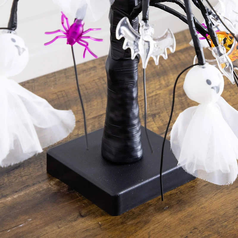 18in. Pre-Lit Artificial Halloween Ghost Dolls, Spiders, Bats & Pumpkins 24 LED Lighted Ornament Tree