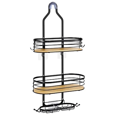 NEX™ Black Stainless Steel & Bamboo Hanging Caddy Shower Organizer with Hooks