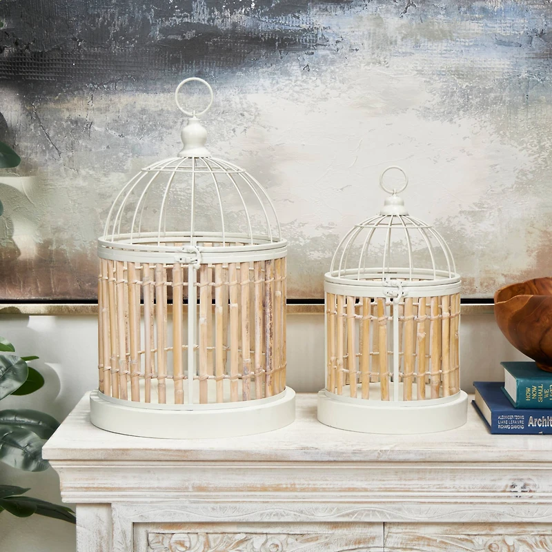 Brown Bamboo Wood Handmade Birdcage Set with White Metal Accents