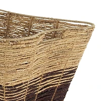 30" Brown Seagrass Handmade Oversized Color Block Storage Basket with Slot Handles