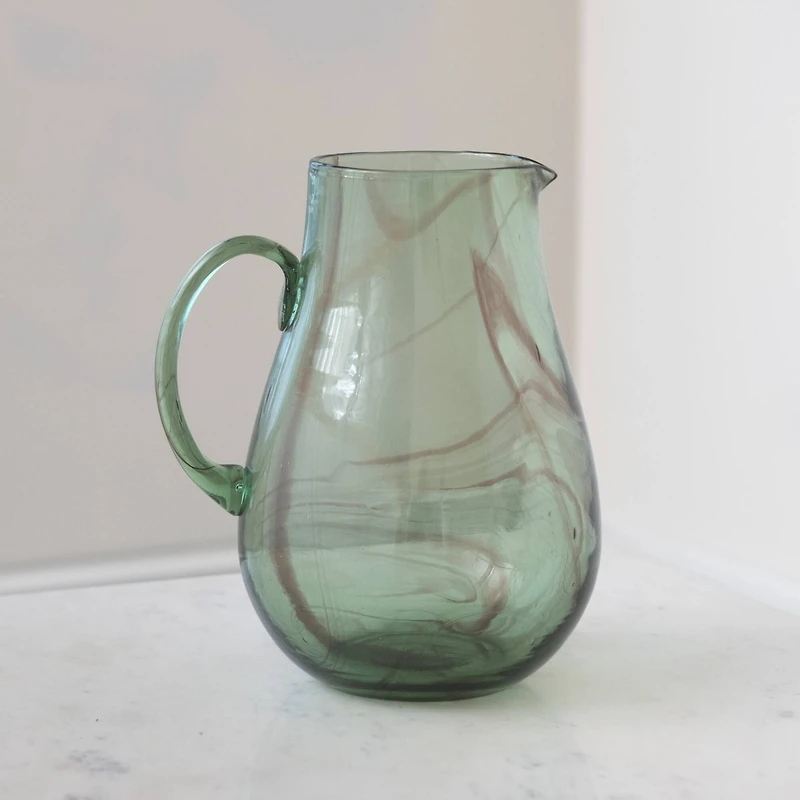 10" Green & Purple Marbled Elegance Hand-Blown Glass Pitcher