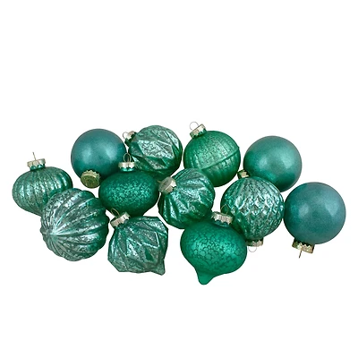 12ct. 3" Glitter & Matte Green Finial & Glass Ball Christmas Ornaments