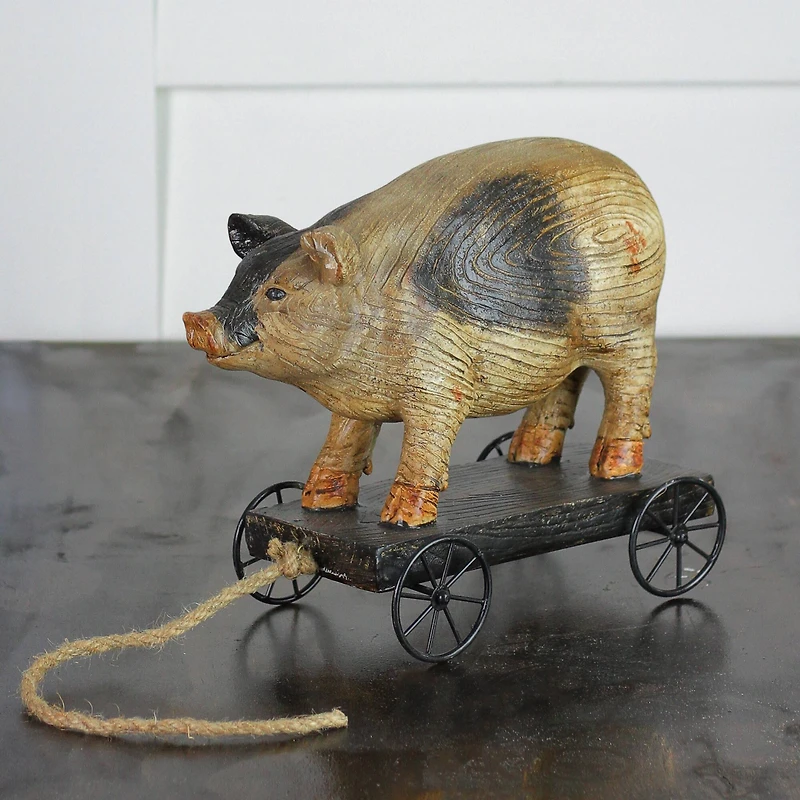 10" Black & White Wood Textured Pig on Cart Garden Statue