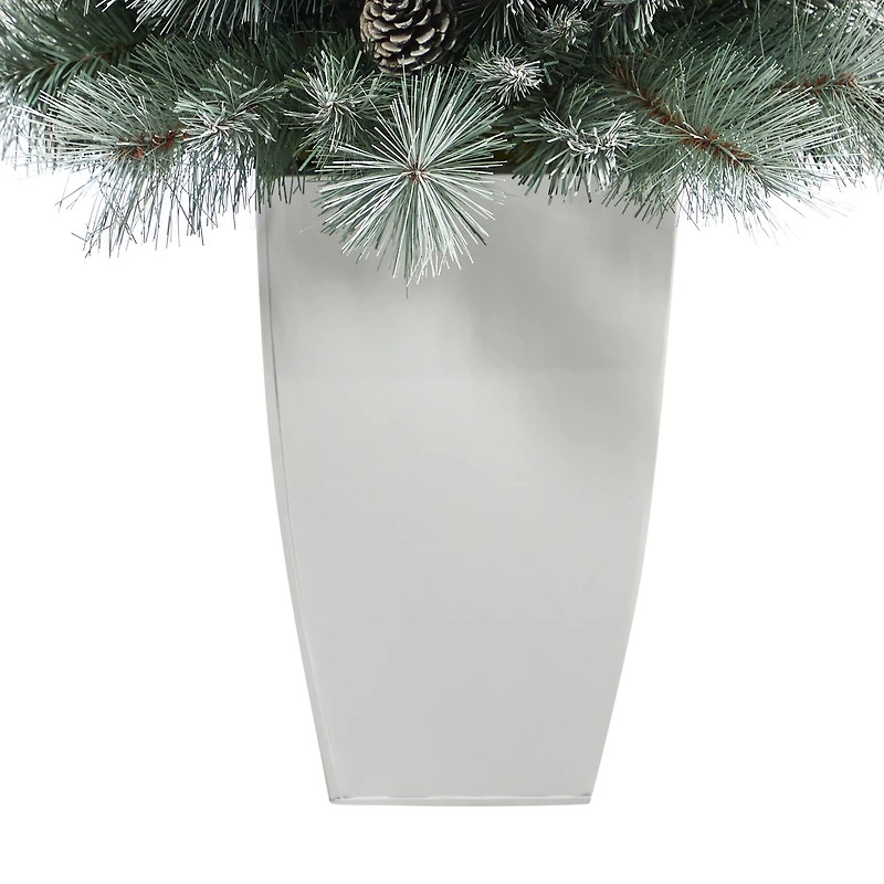 3.5ft. Pre-Lit Frosted British Columbia Mountain Pine Artificial Christmas Tree in White Planter, Clear Lights