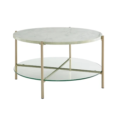 Faux White Marble, Glass & Gold Modern Round Coffee Table