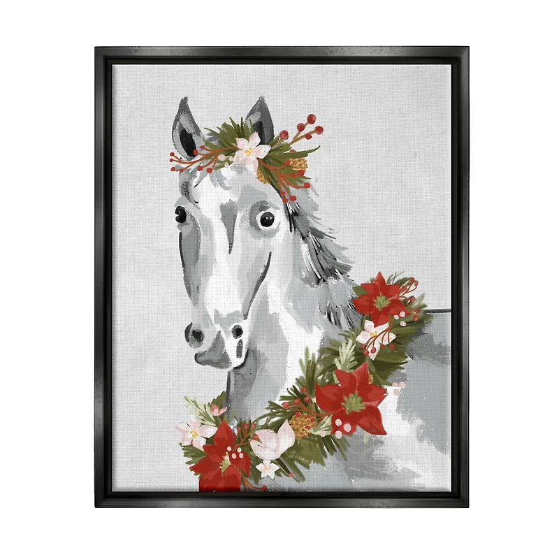 Stupell Industries Festive Holiday Horse Holly Wreath Framed Floater Canvas Wall Art