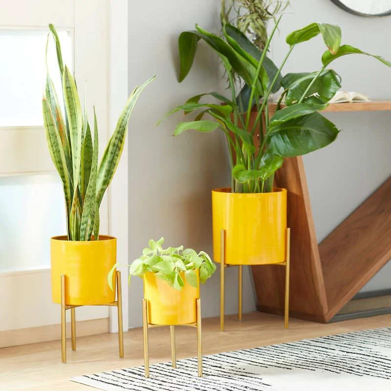 Yellow Metal Contemporary Planter Set