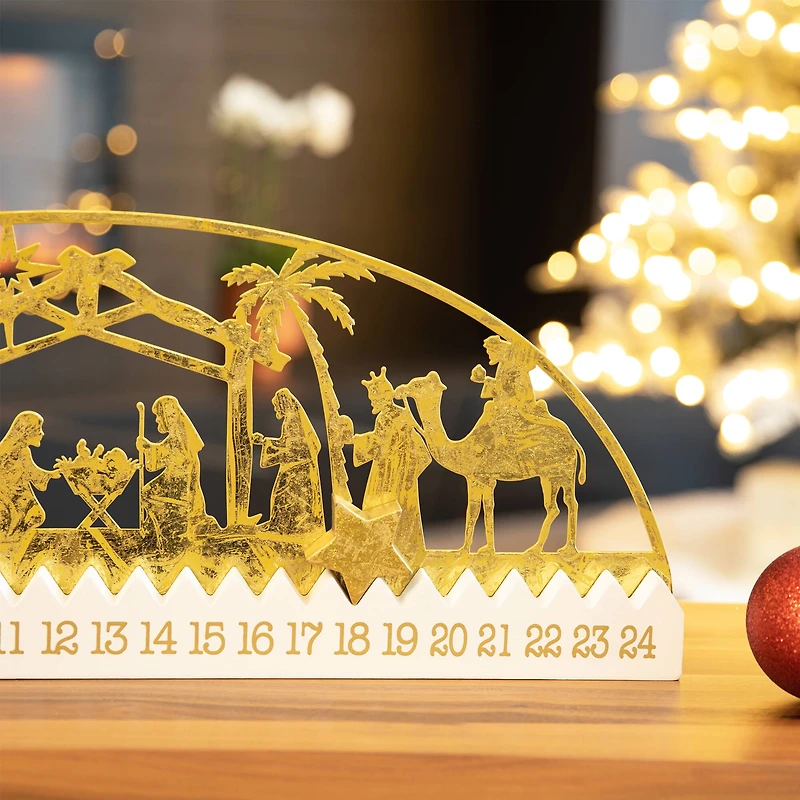 Glitzhome® 23.5" Wooden & Metal Gold Foil Nativity Countdown Calendar Décor