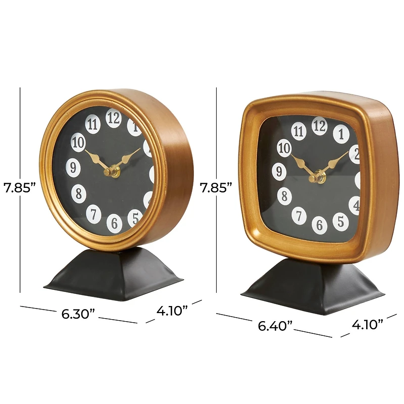 8" Gold Metal Round & Square Tabletop Clock Set
