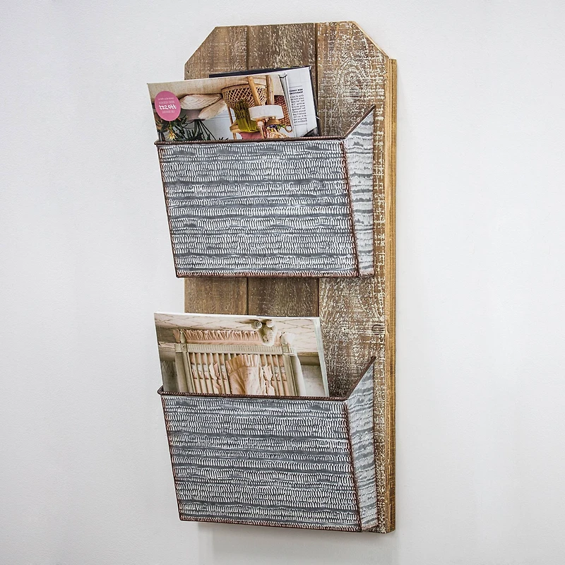 Galvanized Metal & Wood Mail & Magazine Wall Organizer