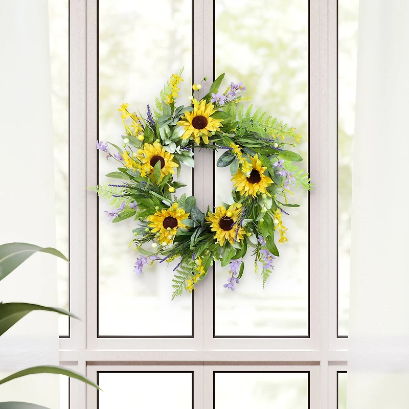 26" Artificial Sunflower Lavender Winter Jasmine Floral Spring Wreath