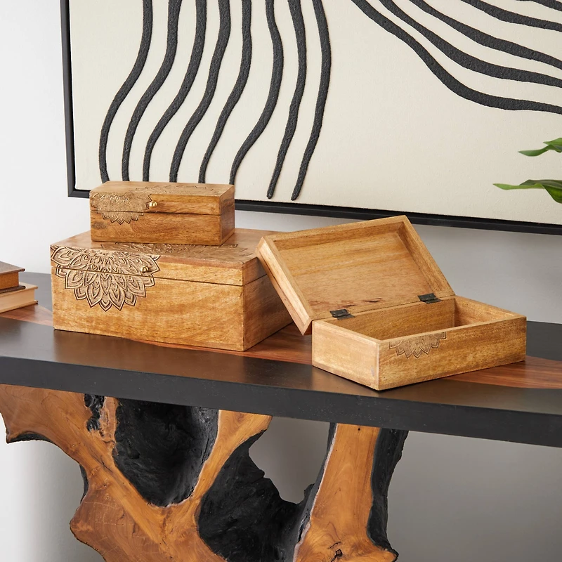 Brown & Gold Handmade Storage Box Set with Carved Mandalas Set
