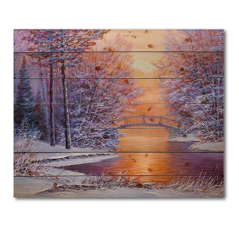 Designart - Bridge Over The River In Winter Landscape