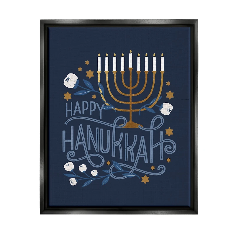 Stupell Industries Happy Hanukkah Traditional Menorah Symbols Framed Floater Canvas Wall Art