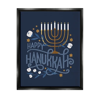 Stupell Industries Happy Hanukkah Traditional Menorah Symbols Framed Floater Canvas Wall Art