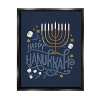Stupell Industries Happy Hanukkah Traditional Menorah Symbols Framed Floater Canvas Wall Art
