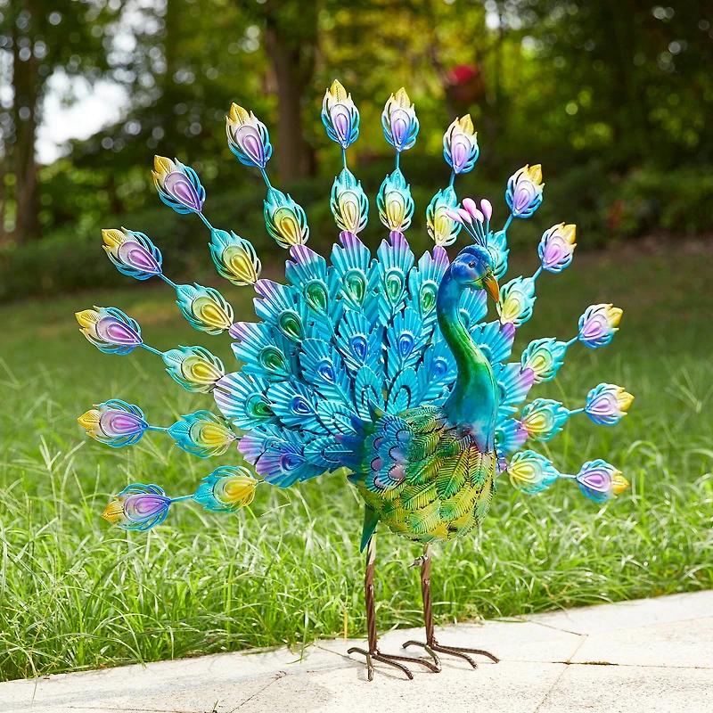 Glitzhome® 28.75" Metal Tail Spread Peacock Garden Statue with Stakes