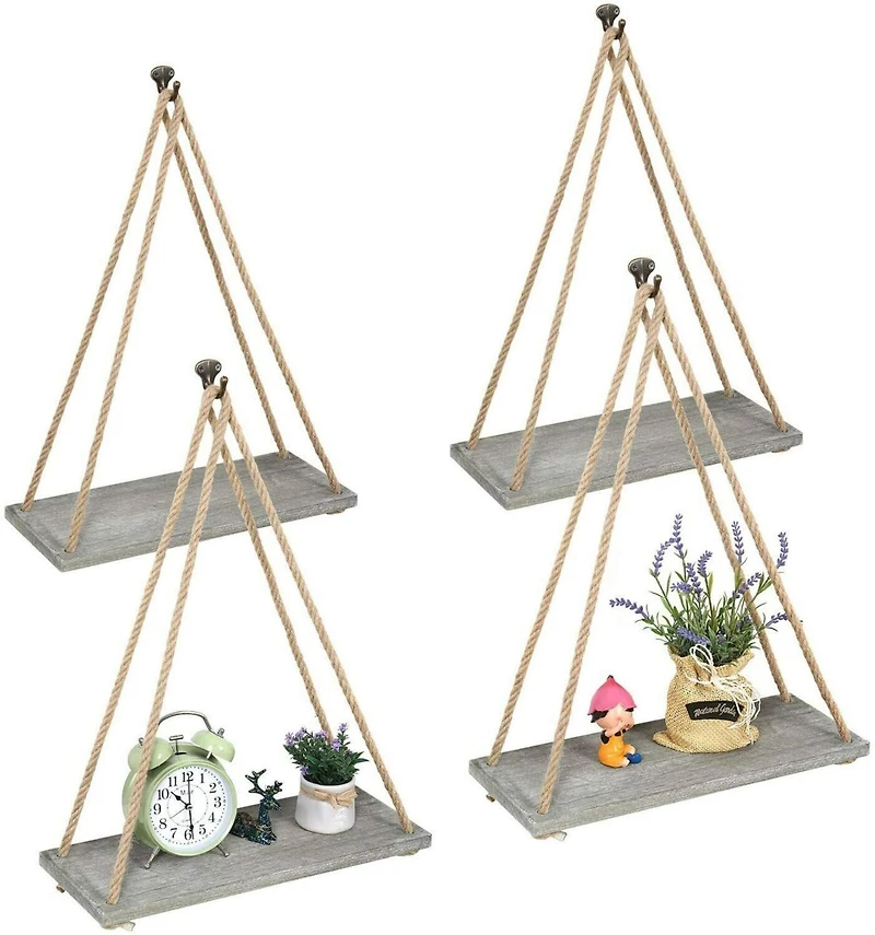 NEX™ 16" Gray Green Hanging Rope Wood Wall Shelves, 4ct.