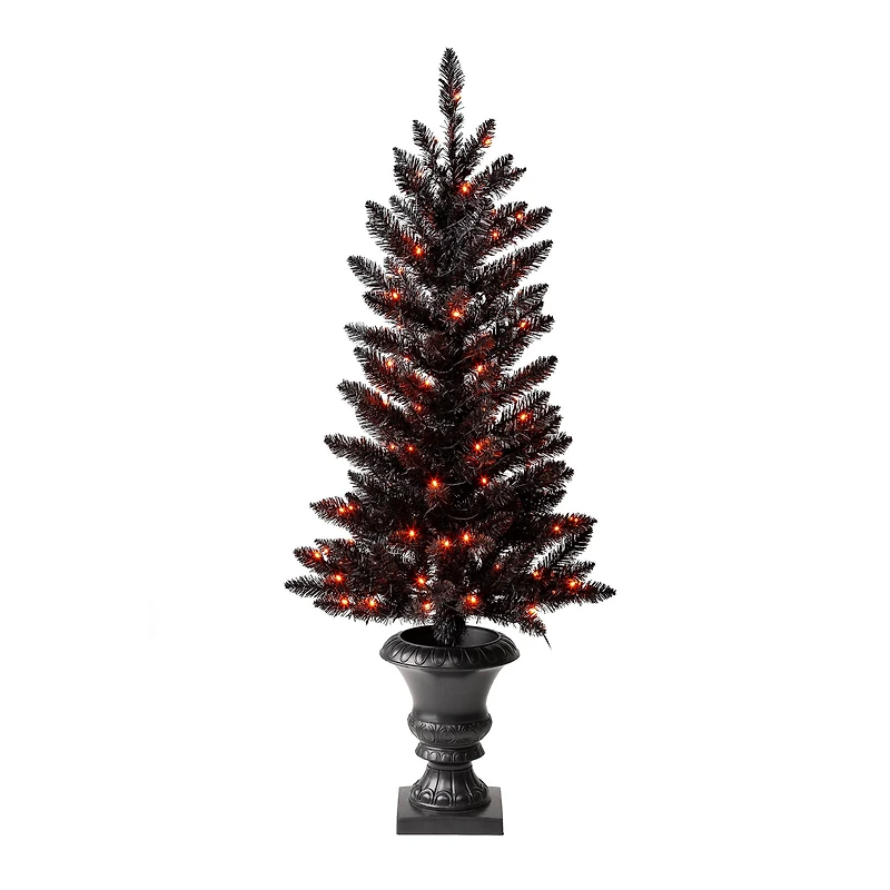 4ft. Pre-Lit Black Artificial Halloween Tree, LED Orange Lights