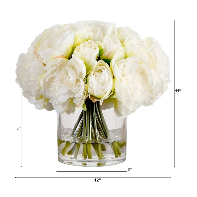 Wedding Collection 11in. Artificial Peony Arrangement in Glass Vase