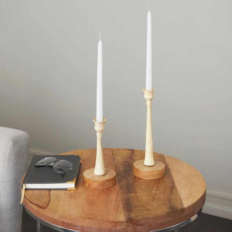 Cream Metal Textured Tapered Taper Candle Holder with Brown Wood Bases Set