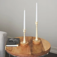 Cream Metal Textured Tapered Taper Candle Holder with Brown Wood Bases Set