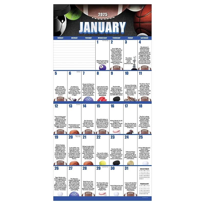 TF Publishing 2025 Sports Facts & Trivia Wall Calendar