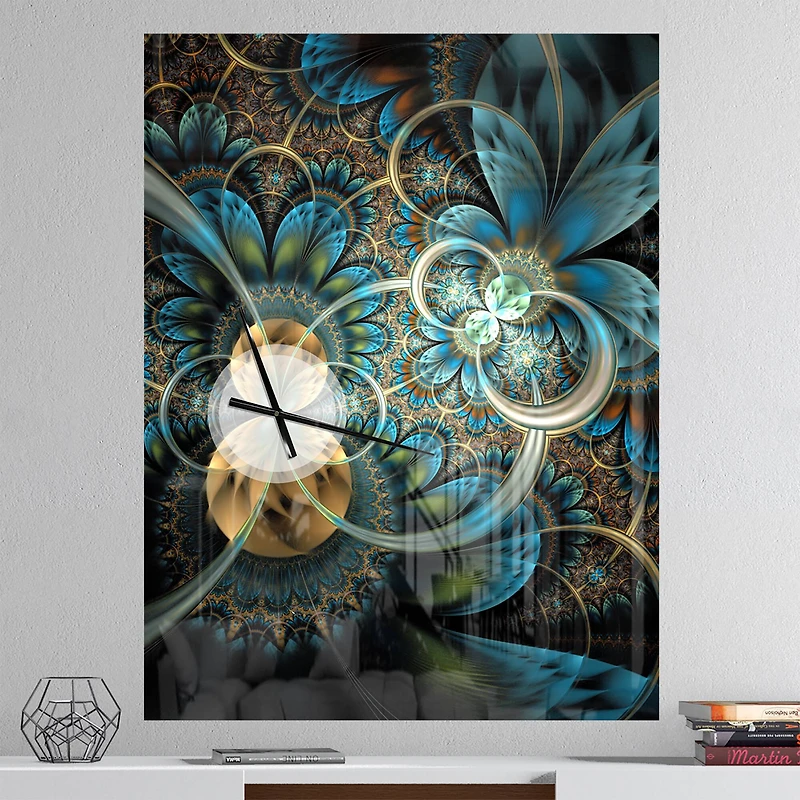 Designart Symmetrical Blue Gold Fractal Flower Rectangular Wall Clock