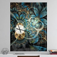 Designart Symmetrical Blue Gold Fractal Flower Rectangular Wall Clock