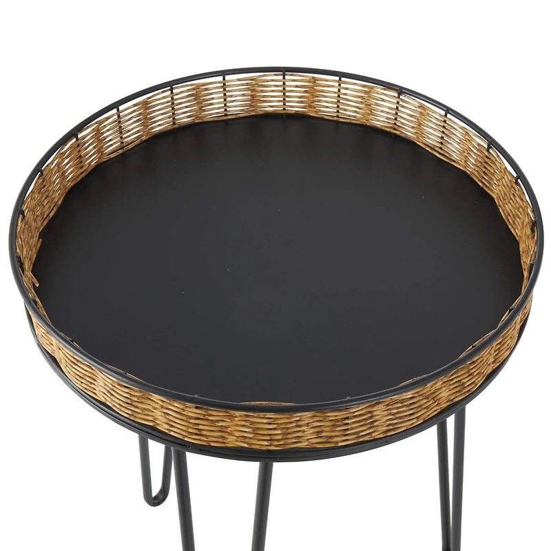 Black Metal Handmade Accent Table with Rattan Tabletop Set