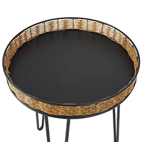 Black Metal Handmade Accent Table with Rattan Tabletop Set