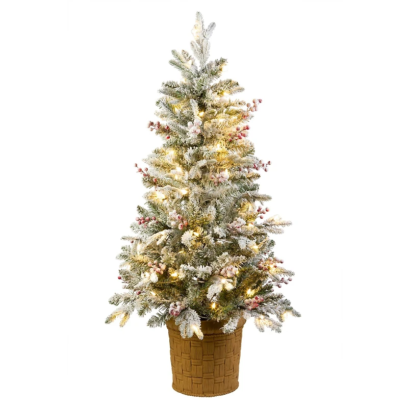 4ft. Pre-Lit Snowy Poechmann Fir Artificial Christmas Entrance Tree with Berries and Pinecones, Warm White LED Lights