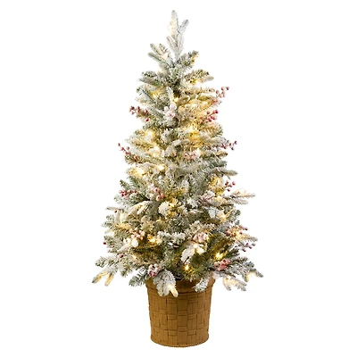4ft. Pre-Lit Snowy Poechmann Fir Artificial Christmas Entrance Tree with Berries and Pinecones, Warm White LED Lights