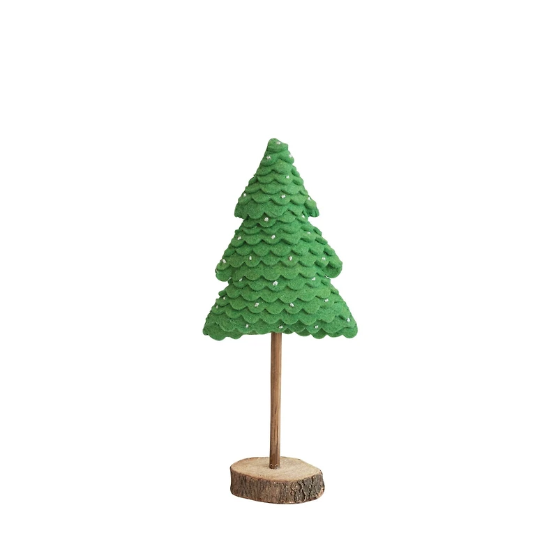 Hello Honey® 13.5" Green Layered Handmade Wool Felt Tree with Beads & Wood Slice Base