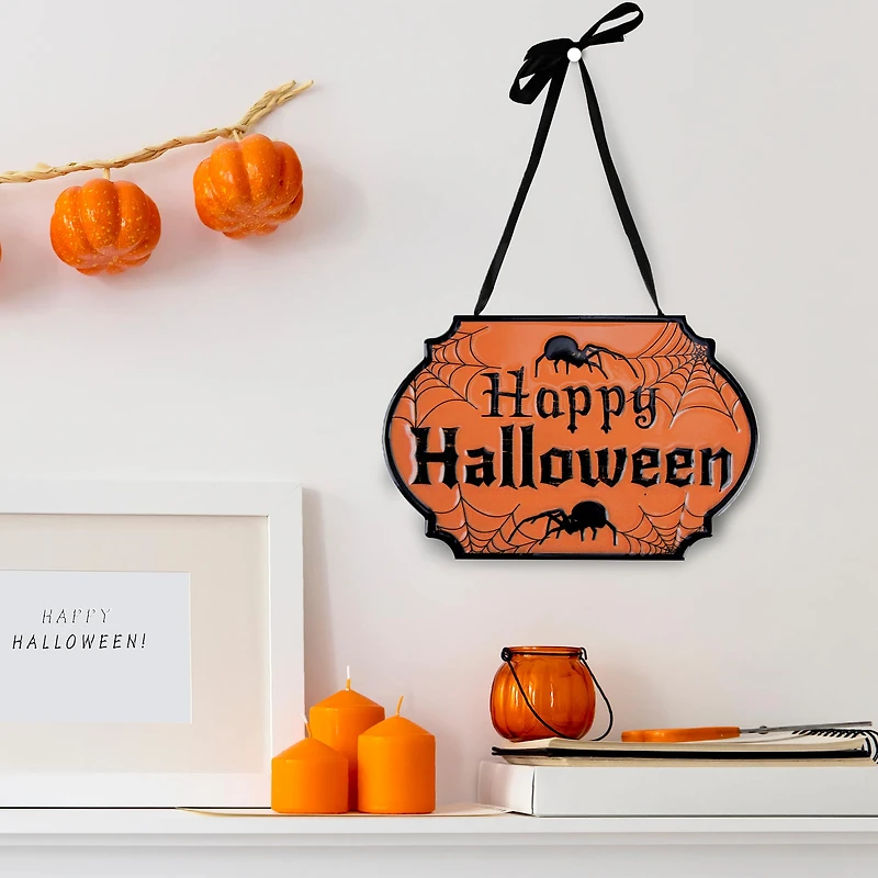 Orange & Black Happy Halloween Cauldron Pot Metal Wall Sign