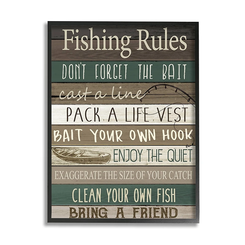 Stupell Industries Rustic Fishing Rules Sign Brown Green Beige Framed Wall Art