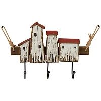 Cream Wood Handmade Distressed House 3 Hanger Wall Hook with Red Roof Accents and Hanging Rope
