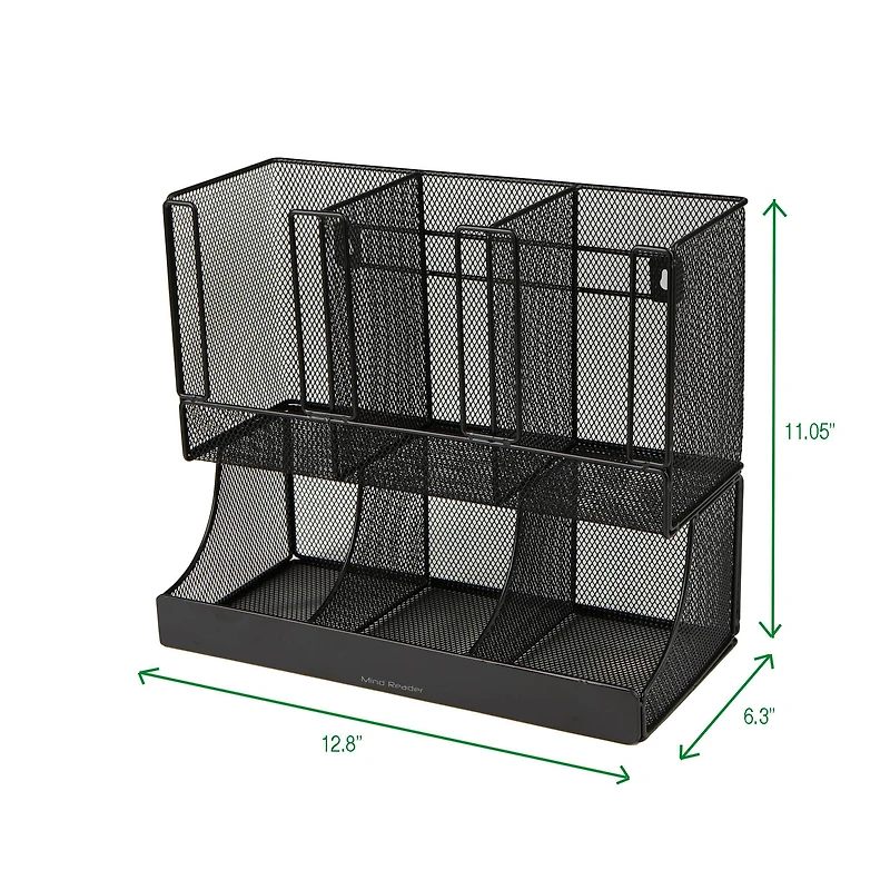 Mind Reader Black Metal Mesh 6 Compartment Upright Breakroom Coffee Condiment and Cup Storage Organizer
