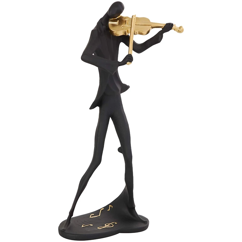 Black Polystone Abstract Musician Sculpture Set with Gold Instruments & Music Notes