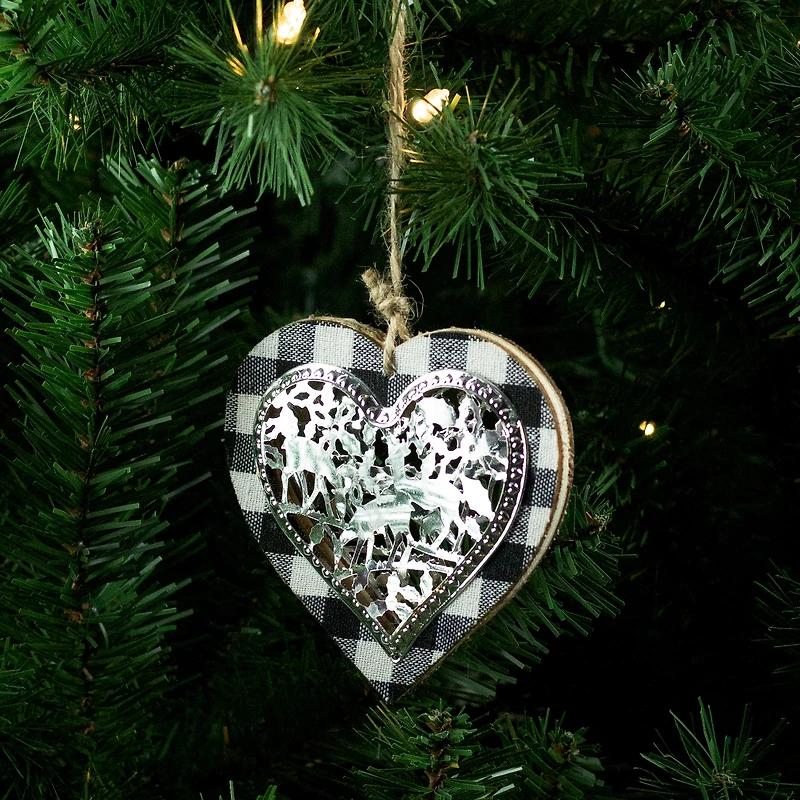 4.25" Black and White Buffalo Plaid Heart with Reindeer Christmas Ornament