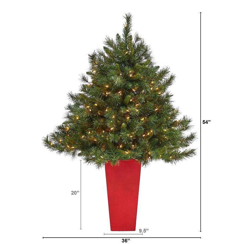 4.5ft. Pre-Lit Wyoming Mixed Pine Artificial Christmas Tree in Red Tower Planter, Clear Lights