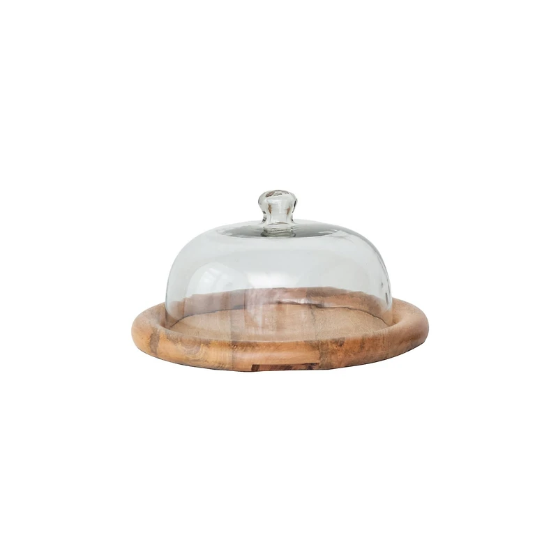 Hello Honey® 16" Round Glass Cloche with Mango Wood Base