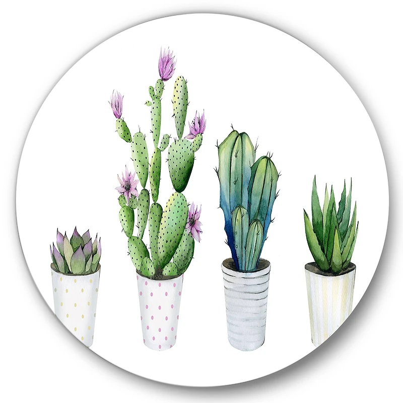 Designart - Cactus Succulent Aloe Vera Home Plants In The Pots - Farmhouse Metal Circle Wall Art