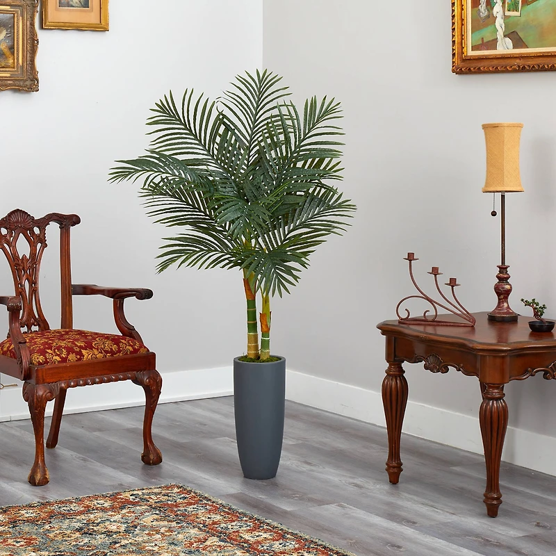 4.8ft. Golden Cane Palm Tree in Tall Gray Planter