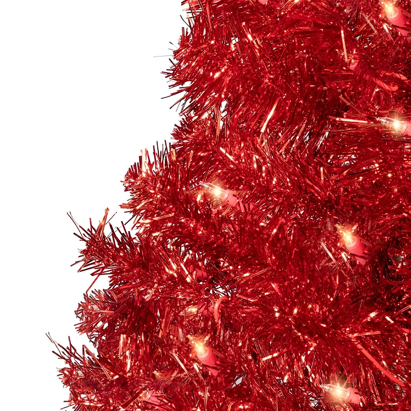 Pre-Lit Red Tinsel Artificial Christmas Tree, Clear Lights