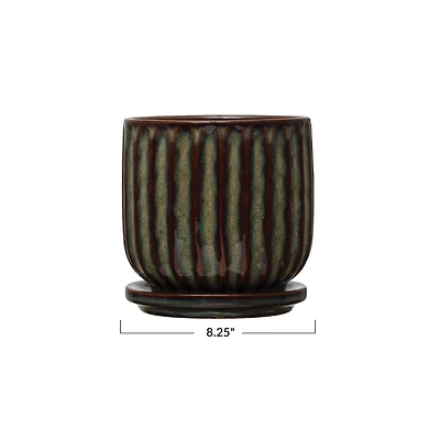 Hello Honey® 5" Multicolor Fluted Stoneware Planter with Stripes and Saucer
